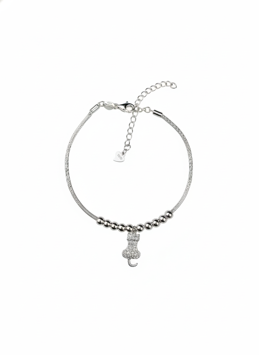 Pulsera de Plata .925 con Dije de Gato y Circonias